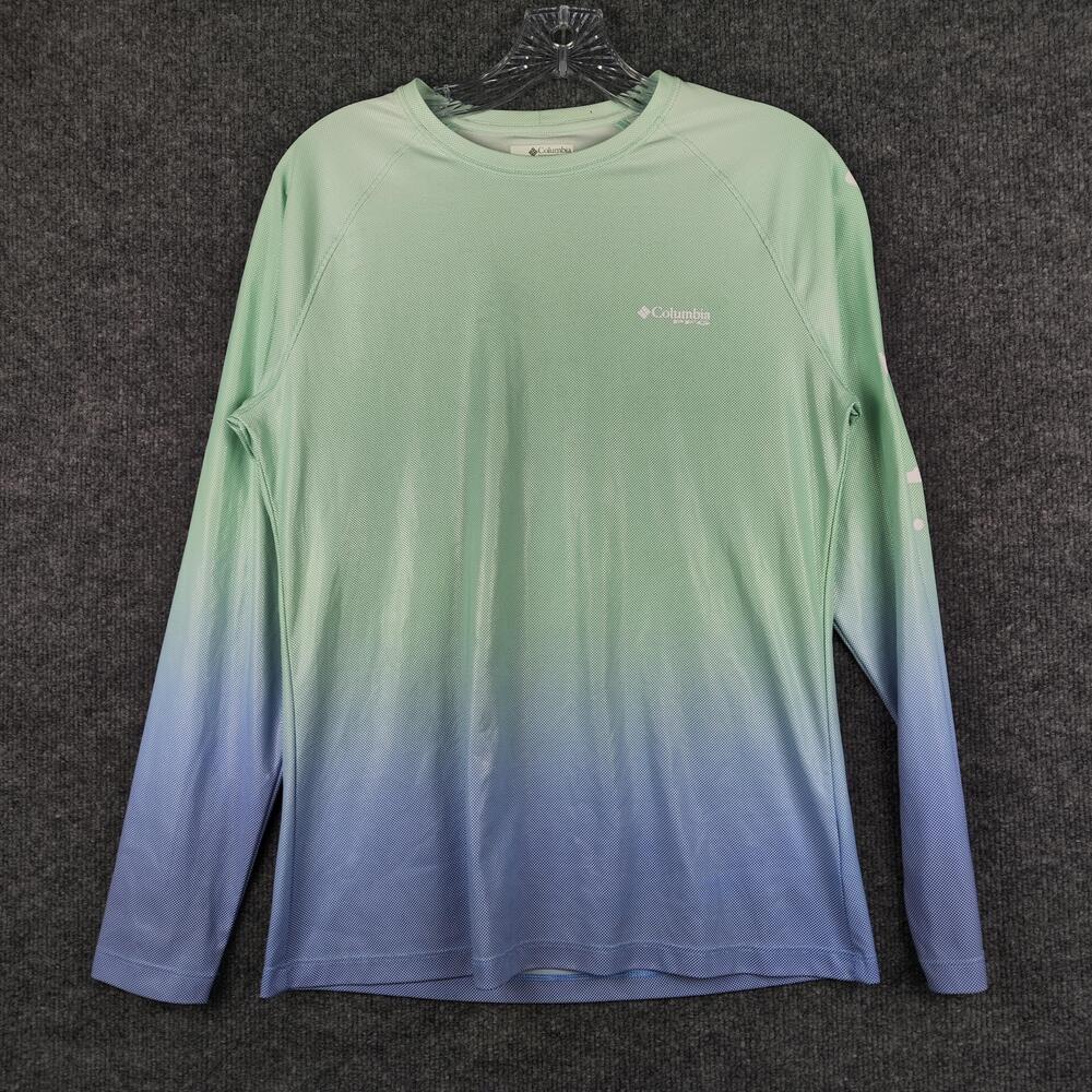 Columbia PFG Shirt Mens Small Green Blue Omni-Shade Long Sleeve UPF 50 Fishing
